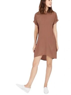 Everlane The Silk Short Sleeve Tunic Mini Column Shirt Dress in Brown Shift sz M